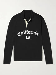 California LA City Print Knit Polo Shirt Men's Stretch V Neck Sweater