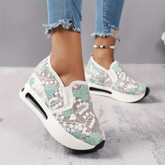 Women's Mesh Platform Sneakers Embroidered Slip On Shoes