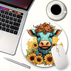 Sunflower Cow Pattern Mouse Pad 22cm, Anti-Slip Waterproof Gaming Office Pad