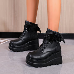 Gothic Platform Ankle Boots Lace Up Round Toe Wedge Heel Punk Short Boots