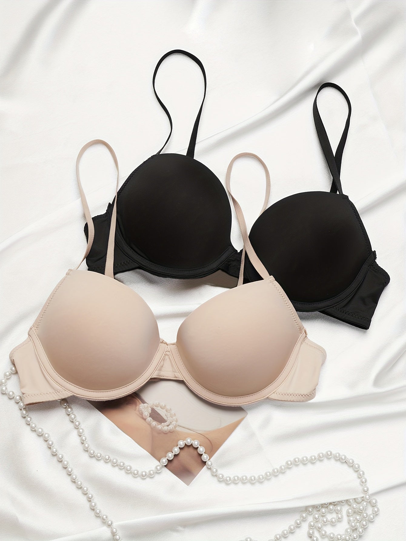 2pcs Solid T Shirt Bras Comfy & Breathable Push Up Bra Women's Lingerie
