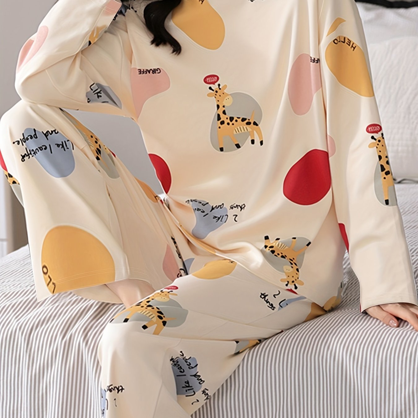 Cartoon Fawn Pajama Set Long Sleeve Crew Neck Top & Pants