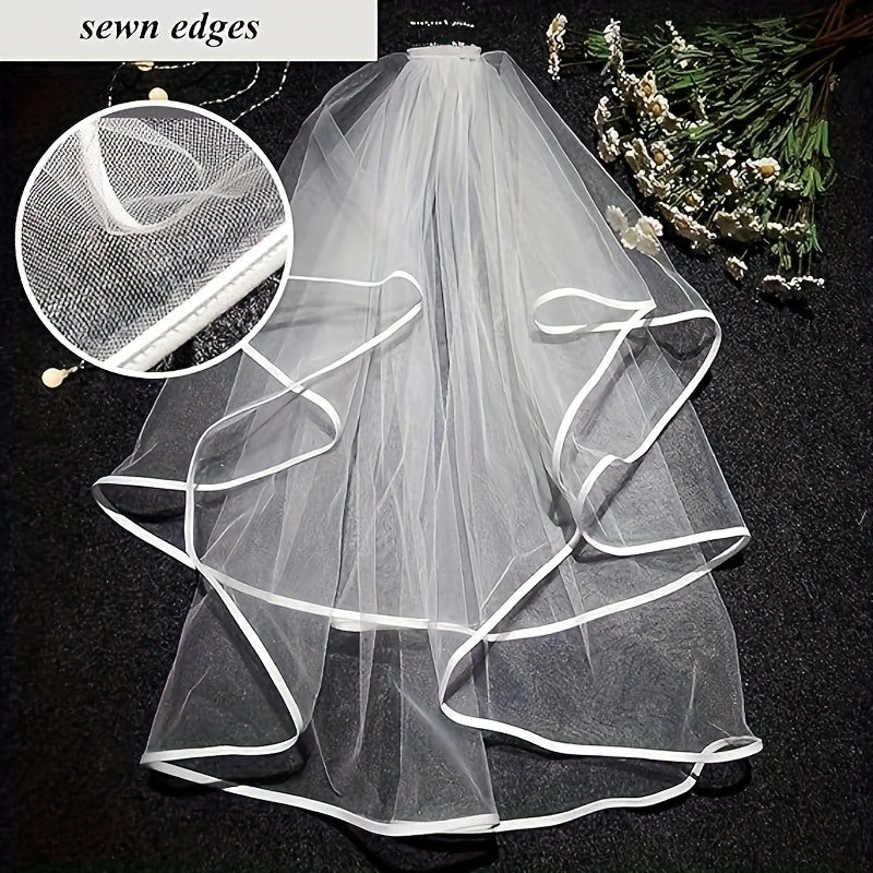 Double Layer Bridal Veil with Satin Ribbon and Hair Comb