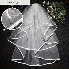 Double Layer Bridal Veil with Satin Ribbon and Hair Comb