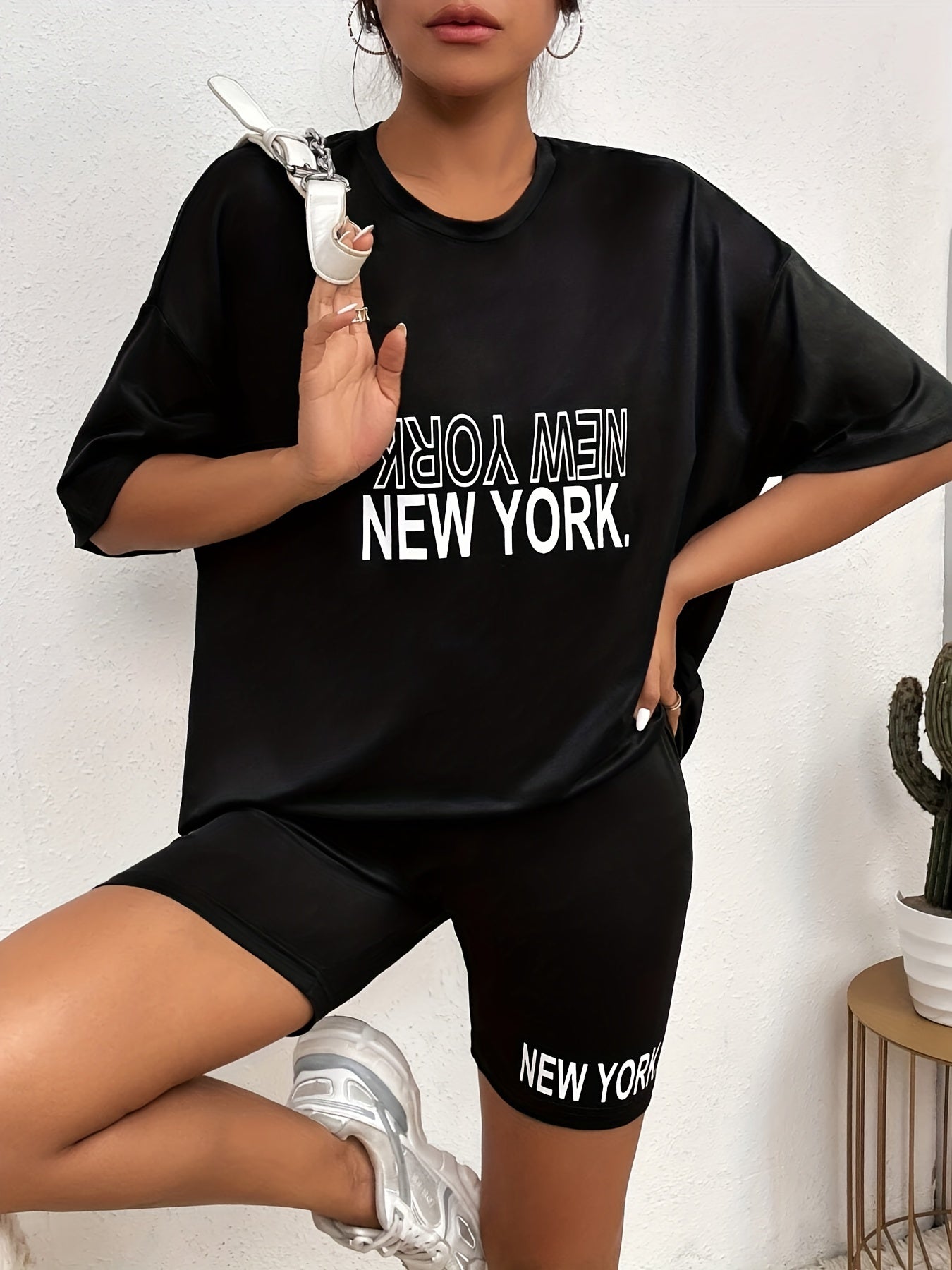 Letter Print Matching Two piece Set Casual T-shirt & Biker Shorts