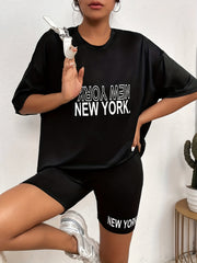 Letter Print Matching Two piece Set Casual T-shirt & Biker Shorts