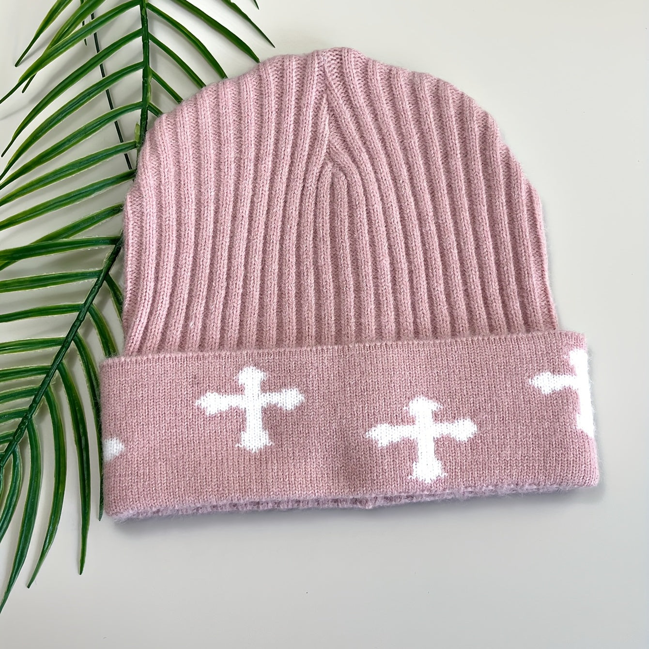 Pink Cross Jacquard Beanie Y2K Elastic Knit Hat