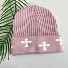Pink Cross Jacquard Beanie Y2K Elastic Knit Hat