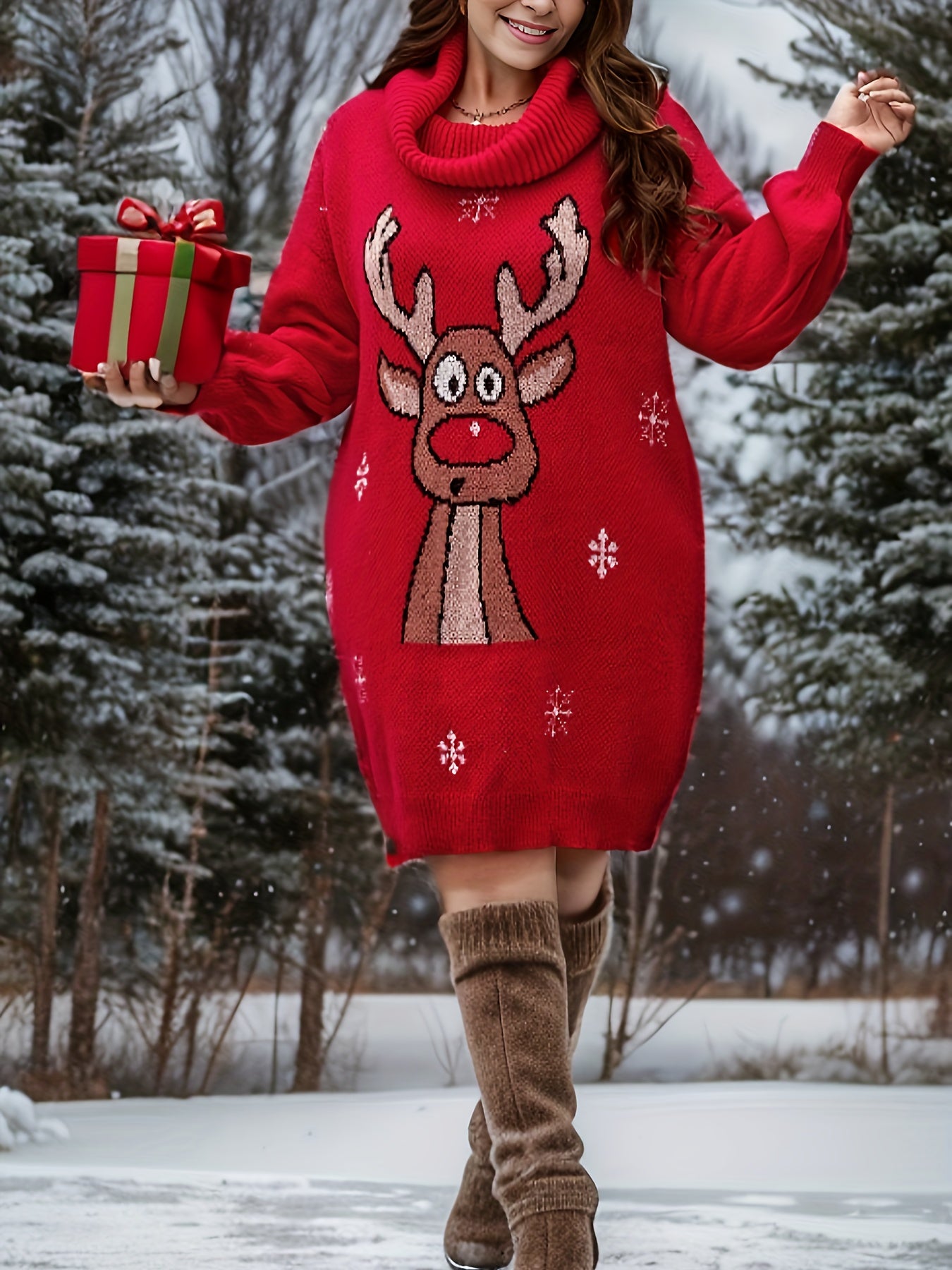 Women's Plus Reindeer & Snowflake Lantern Sleeve Turtleneck Sweater Dress