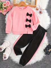Girls 2pcs Sweatshirt & Pants Set Bow Decor Long Sleeve Pullover Top Casual Kids