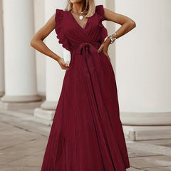 Ruffle Trim Pleated Dress Solid Surplice Neck Maxi Dress Women's Clothing