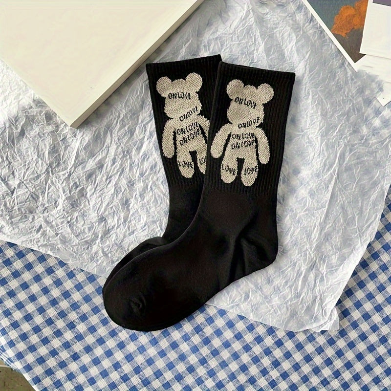 Letter & Bear Print Mid Tube Socks Womens Stockings