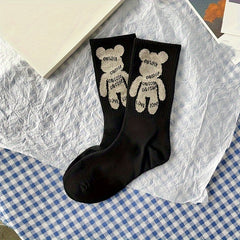 Letter & Bear Print Mid Tube Socks Womens Stockings
