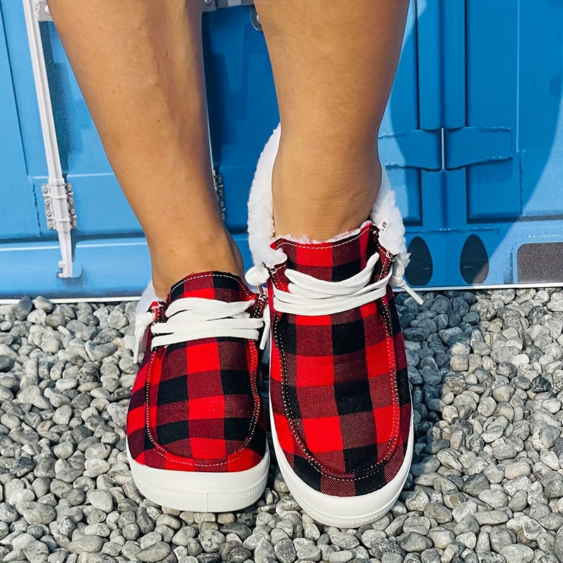 Women's Red Plaid Print Warm Sneakers Lightweight Comfortable Flat Sneakers