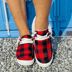 Women's Red Plaid Print Warm Sneakers Lightweight Comfortable Flat Sneakers