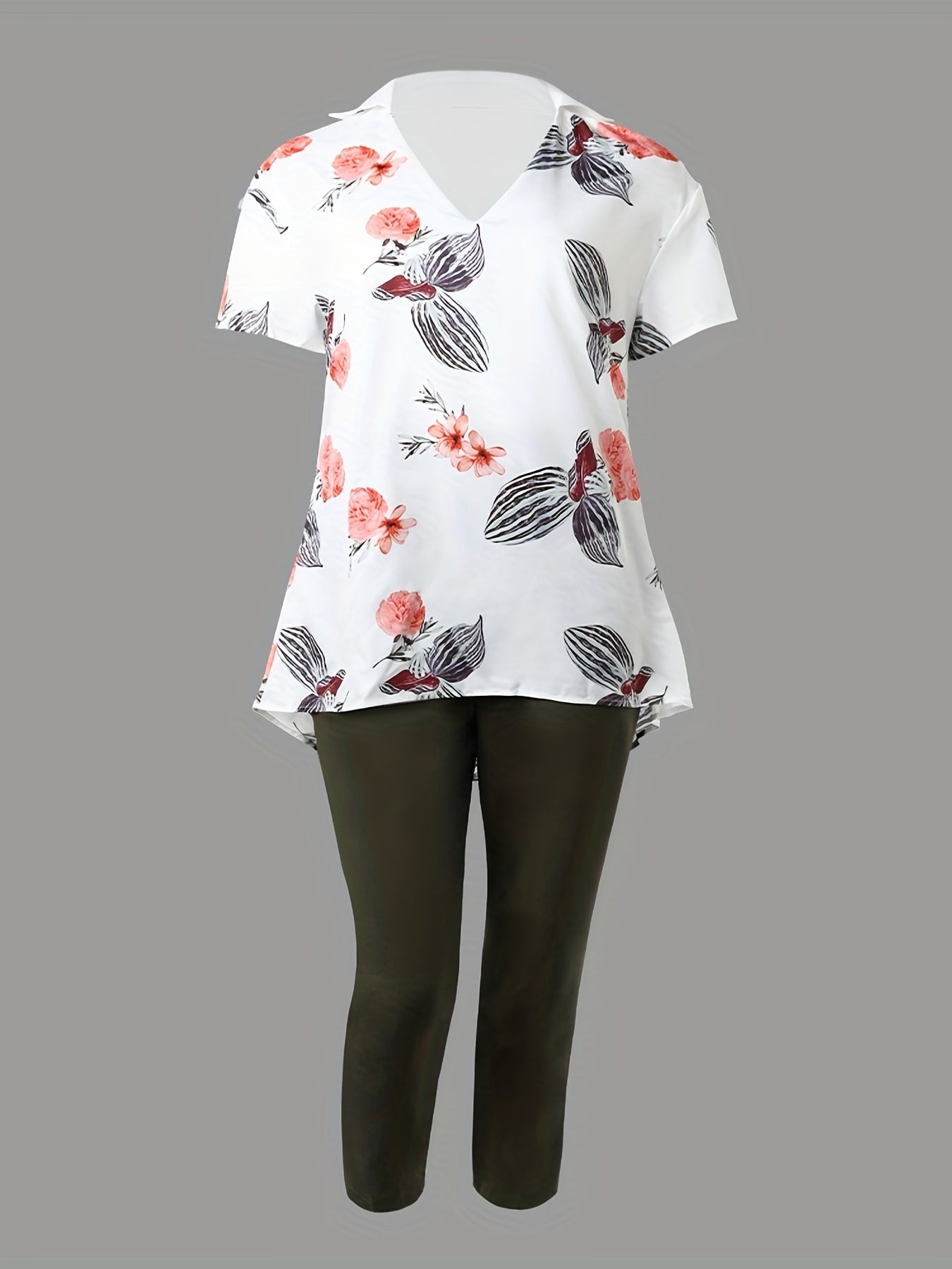 Floral Print V Neck Tunic Top & Skinny Pant Set