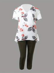 Floral Print V Neck Tunic Top & Skinny Pant Set