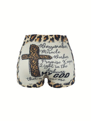 Letter & Leopard Print Skinny Shorts for Women