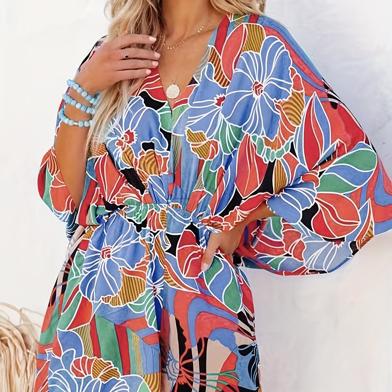 Floral Print Romper Jumpsuit Batwing Sleeve
