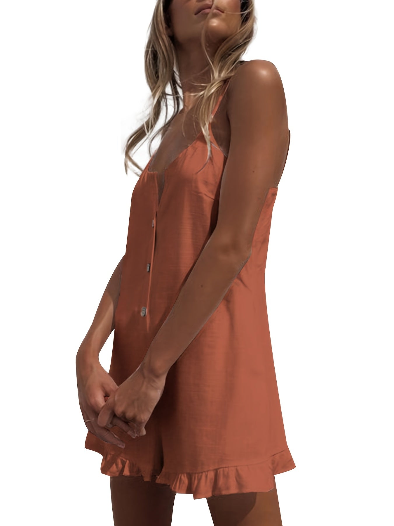 Boho Ruffle Trim Jumpsuit Button Front Casual Sleeveless
