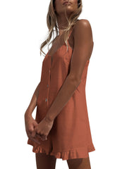 Boho Ruffle Trim Jumpsuit Button Front Casual Sleeveless