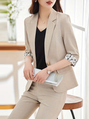 Solid Button Front Blazer Lapel Roll Up Sleeve Blazer Office Work
