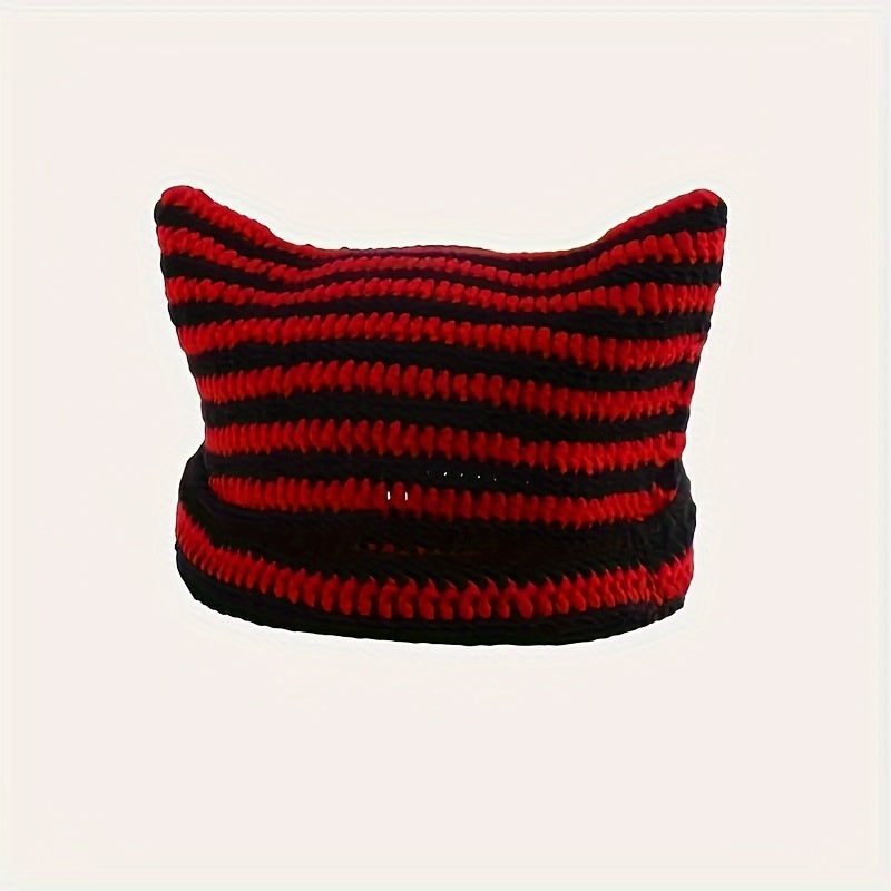 Cat Ears Stripe Knitted Hat Warm And Comfortable Ski Hat