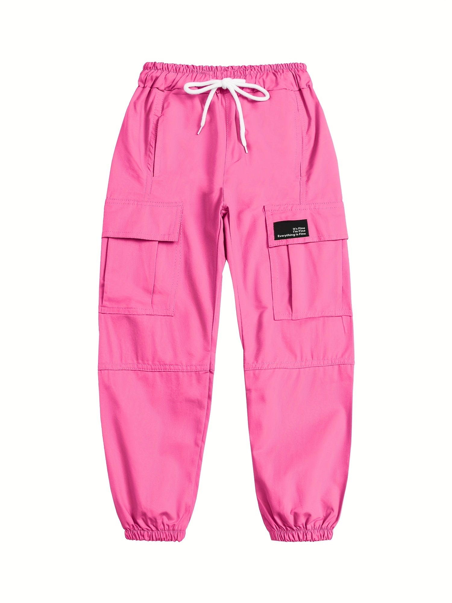 Girls Cargo Pants Elastic Waist Drawstring Loose Tapered Pockets Jogger Pants