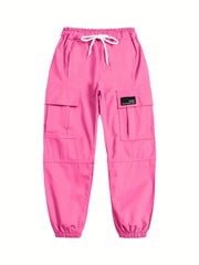 Girls Cargo Pants Elastic Waist Drawstring Loose Tapered Pockets Jogger Pants