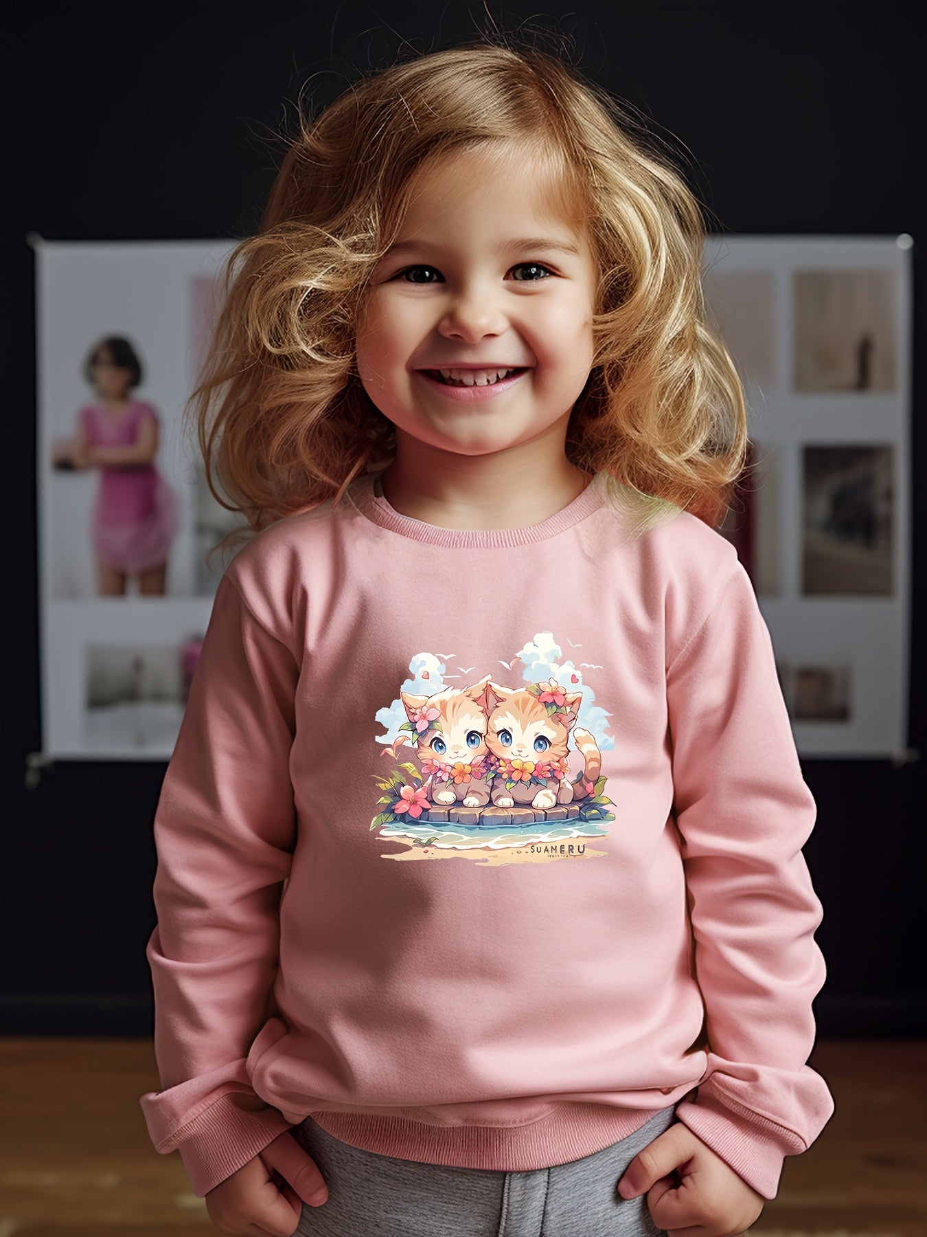 Girls Cats Pattern Crew Neck Sweatshirt Spring Fall Christmas Gift