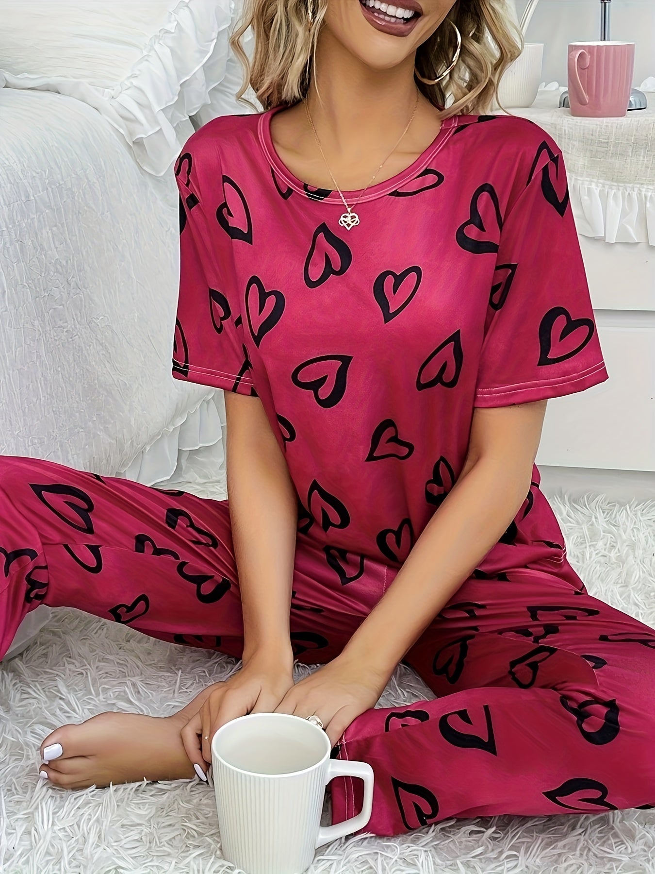 Heart Print Pajamas Sets Short Sleeve Tops & Pants Set Women's Sleepwear