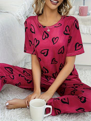 Heart Print Pajamas Sets Short Sleeve Tops & Pants Set Women's Sleepwear