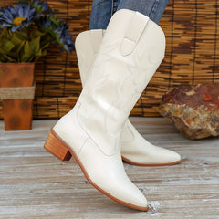 Women's Block Heel Mid Calf Boots Retro Embroidery Pointed Toe Cowgirl Boots