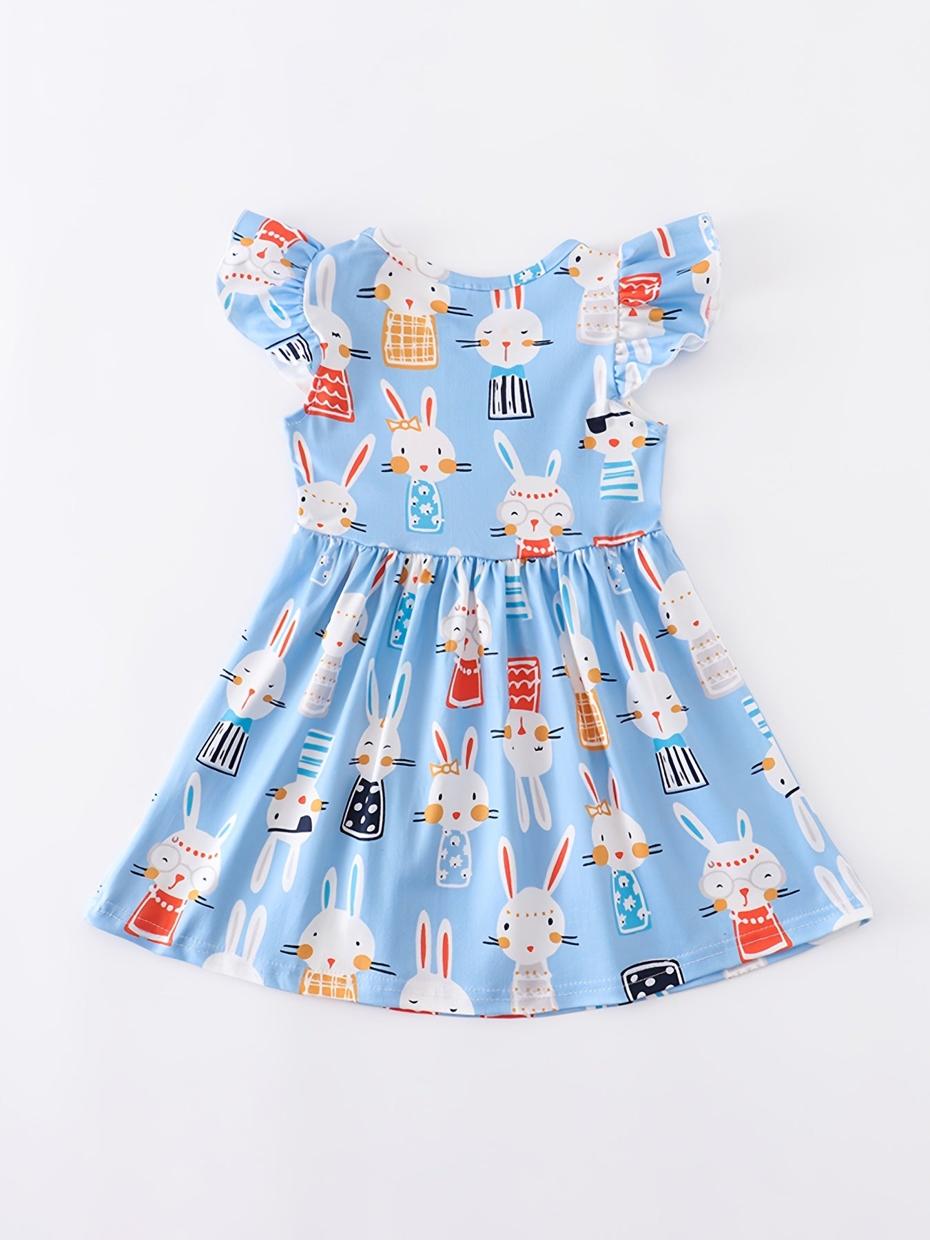 Baby Girls Short Sleeve Ruffles Round Neck Easter Bunny Print Dress