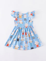 Baby Girls Short Sleeve Ruffles Round Neck Easter Bunny Print Dress