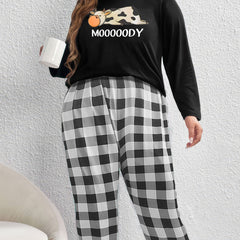 Cartoon Cow Print Tee & Plaid Pants Pajama Set
