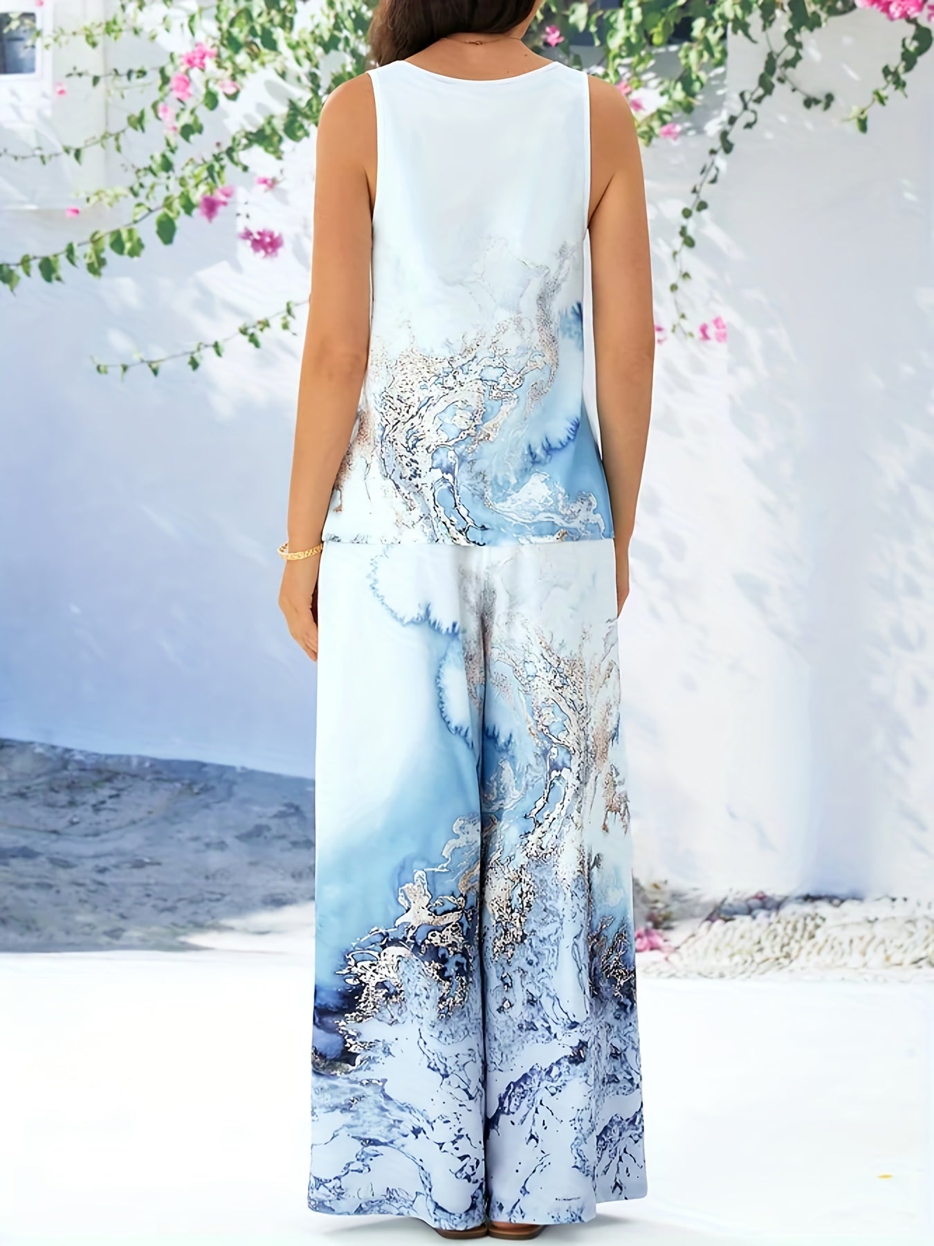 Marble Print 2pc Set Sleeveless Top & Wide Leg Pants Womens Outfit
