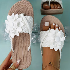 Women's Flower Flat Flip Flops Boho Style Braided Band Non Slip Slides