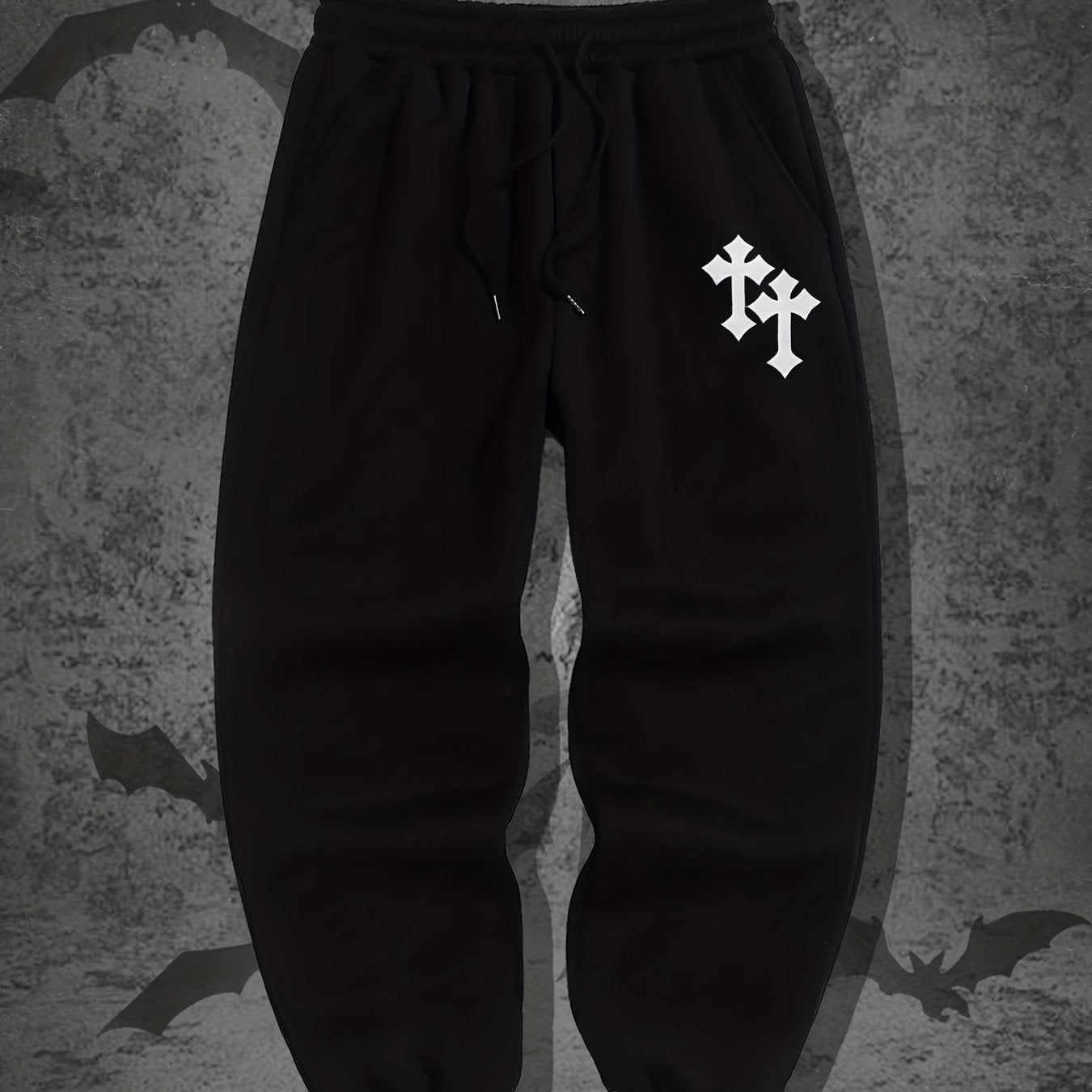Crucifix Pattern Fleece Joggers Men's Warm Stretch Waist Sweatpants
