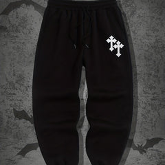 Crucifix Pattern Fleece Joggers Men's Warm Stretch Waist Sweatpants