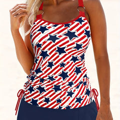 Stripe & Star Print Tankini Set V Neck Side Tie Ruched Cami Top & Skor