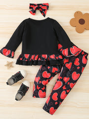 3pcs Girls Happy Long Sleeve T Shirt Top And Heart Print Pants Set
