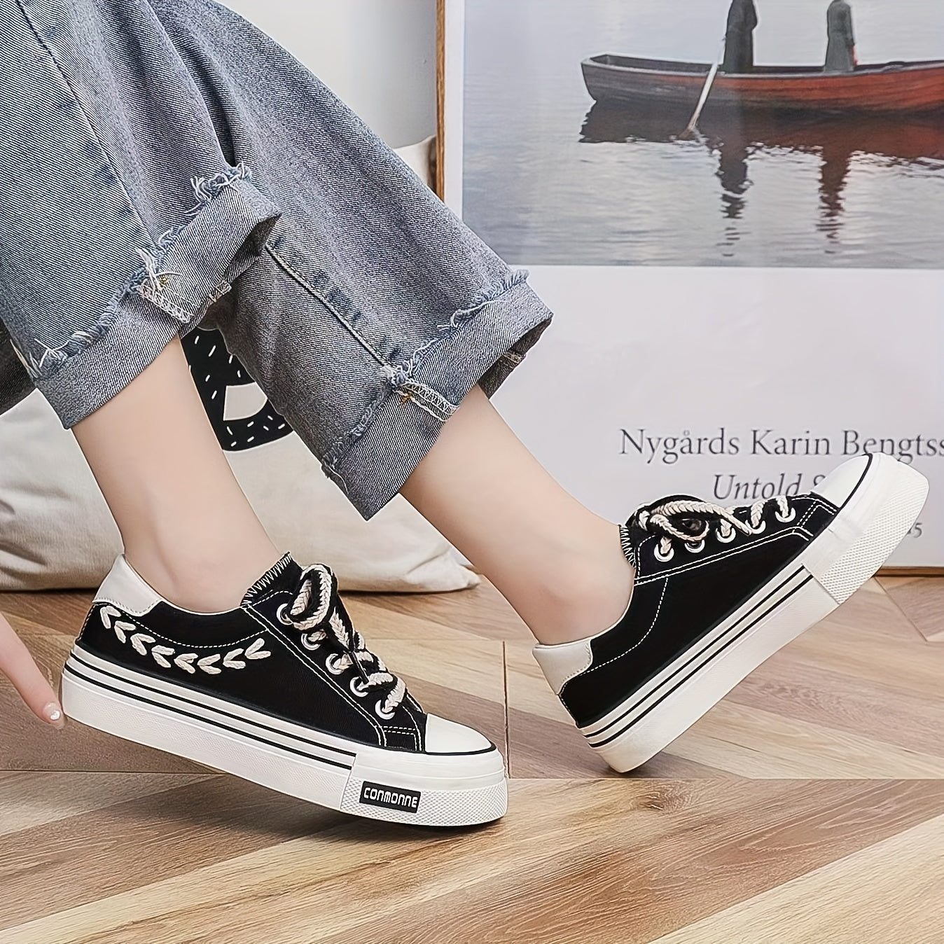 Women's Platform Canvas Shoes Lace Up Low Top Walking Sneakers