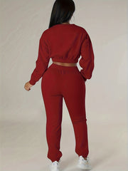 Casual Two Piece Set Crew Neck Long Sleeve Tops & Jogger Pants Outfit