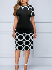 Colorblock Circle Print Short Sleeve Dress