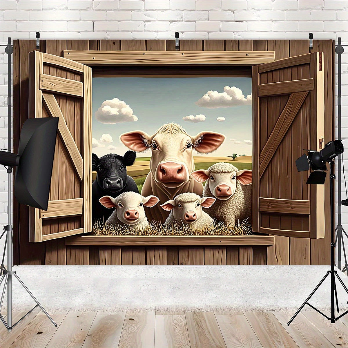 Rustic Farm Animals Peep Through Window Wall Decor with Cow & Sheep Illustration