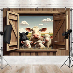 Rustic Farm Animals Peep Through Window Wall Decor with Cow & Sheep Illustration