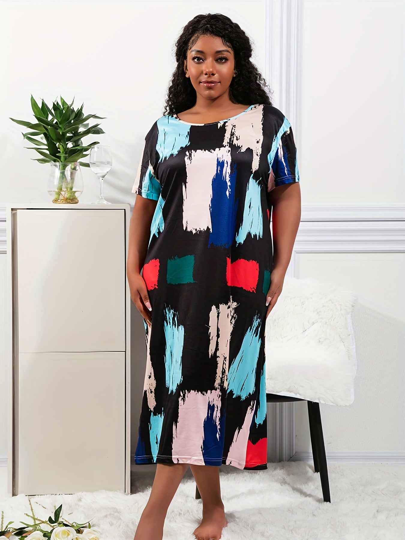 Colorblock Brush Print Round Neck Nightdress