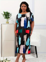 Colorblock Brush Print Round Neck Nightdress