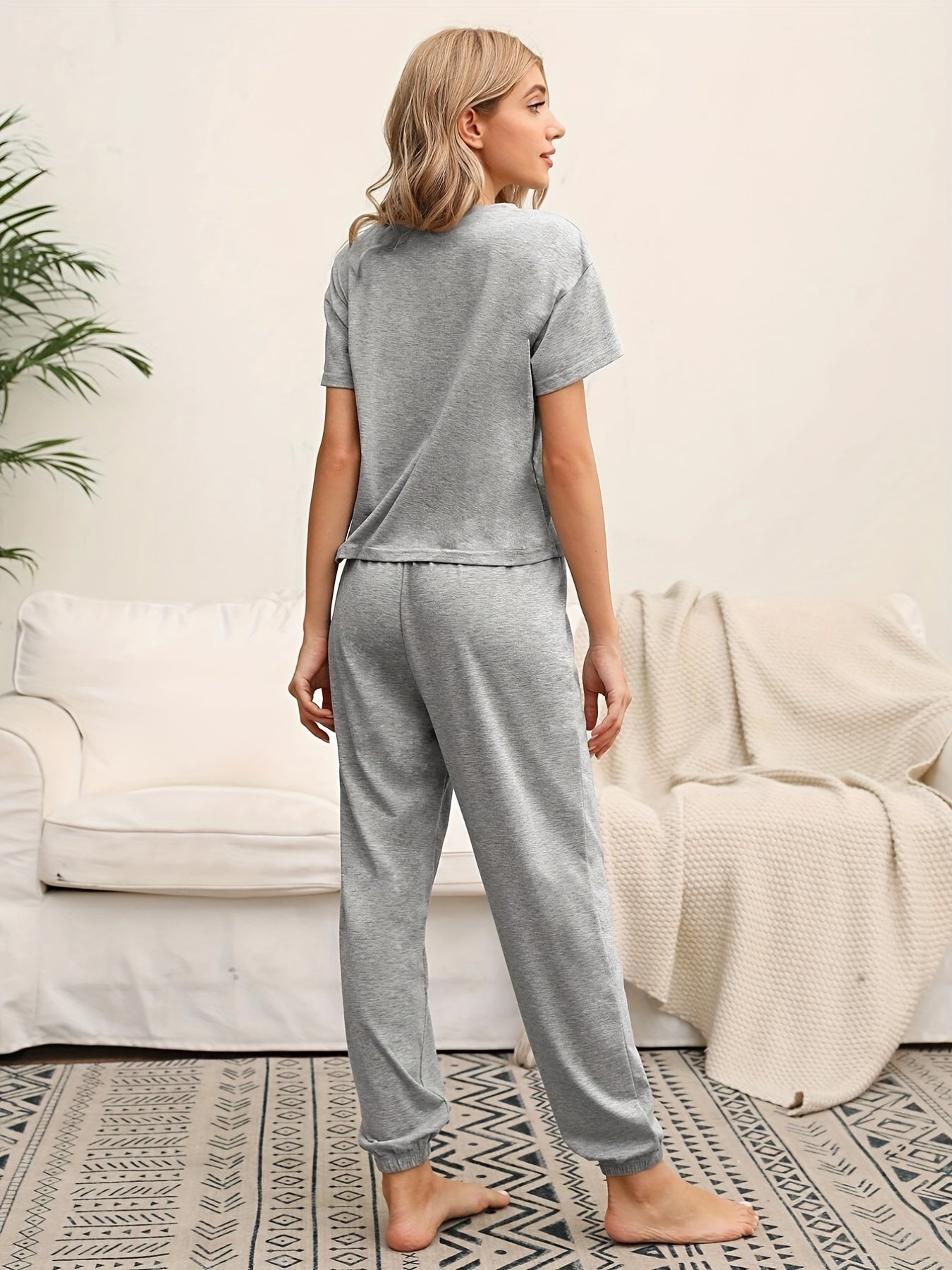 Solid Lounge Set Short Sleeve Crew Neck Top & Lace Up Pants